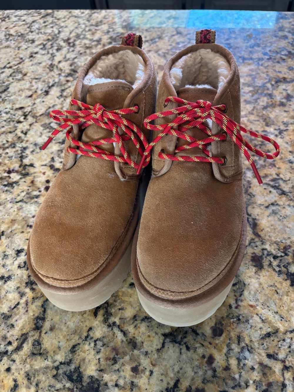 UGG Brown Suede Lace-Up Platform Boots with Red Laces